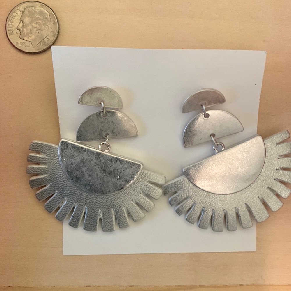 Marlyn Schiff silver color earrings Leather and metal. NWOT fun! Long dangles.